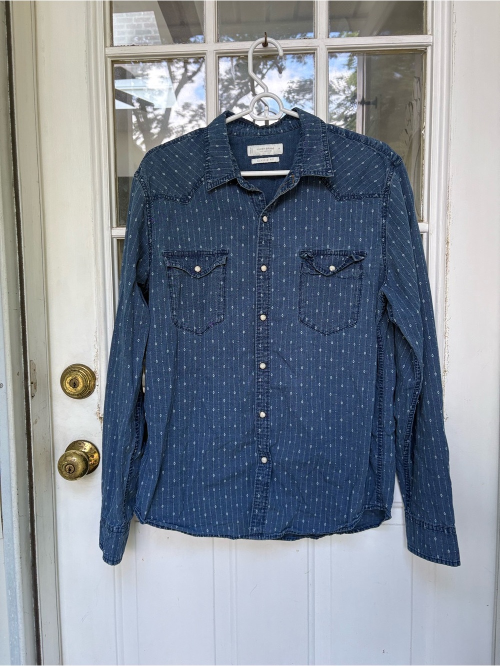 Men's Lucky Brand Blue Denim Western Shirt with Dot Pattern